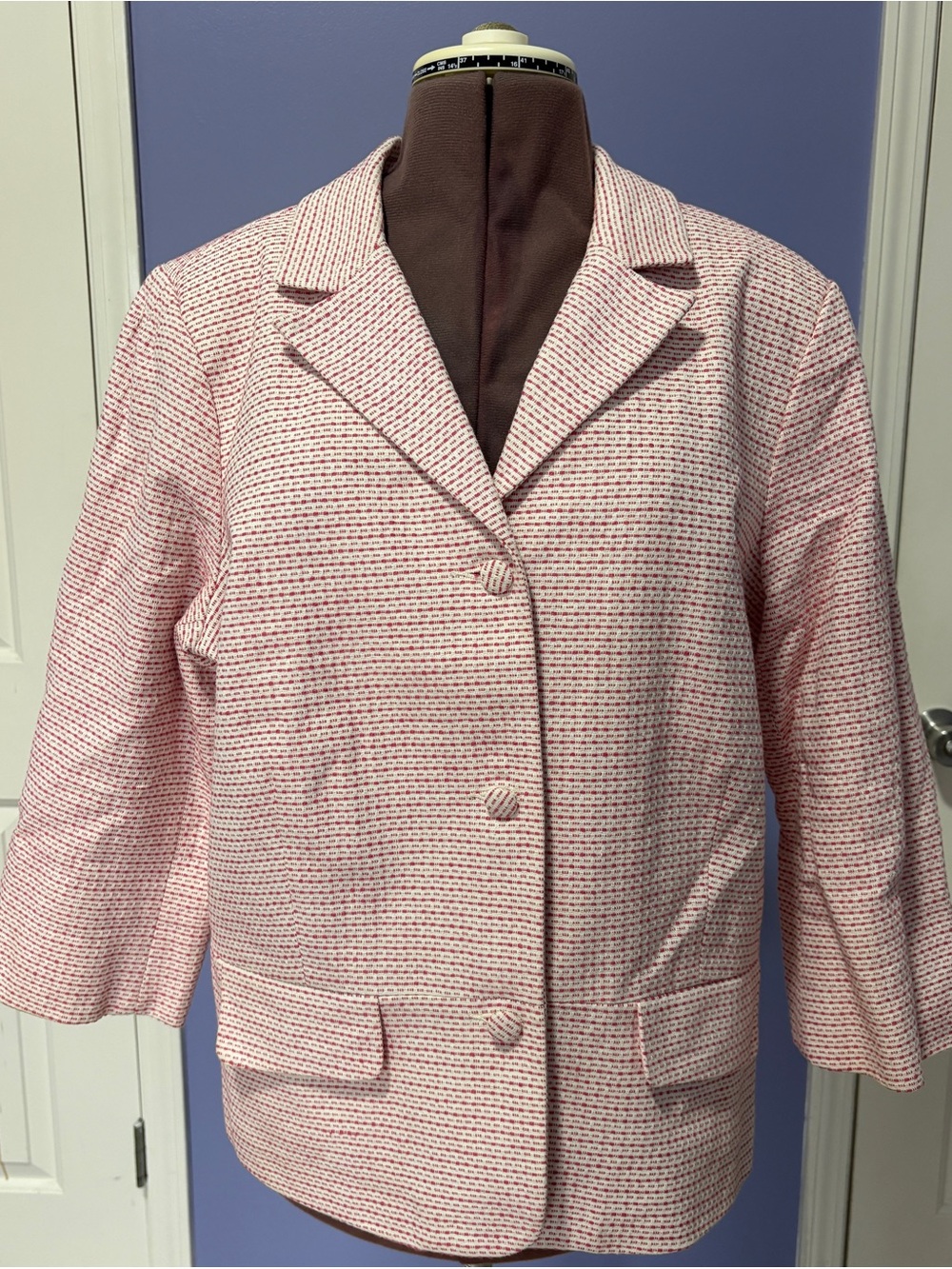 Women’s Pink and White Tweed Linen Blend Blazer Jacket Size XXL